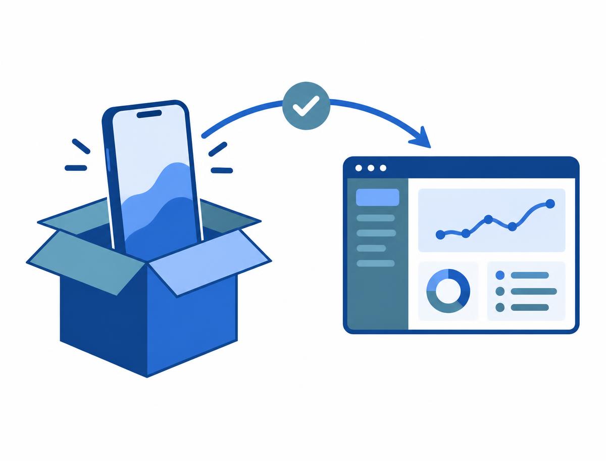 Diagram: a phone rising from a box, an arrow towards a management console, with a check mark along the arrow for automatic enrolment.