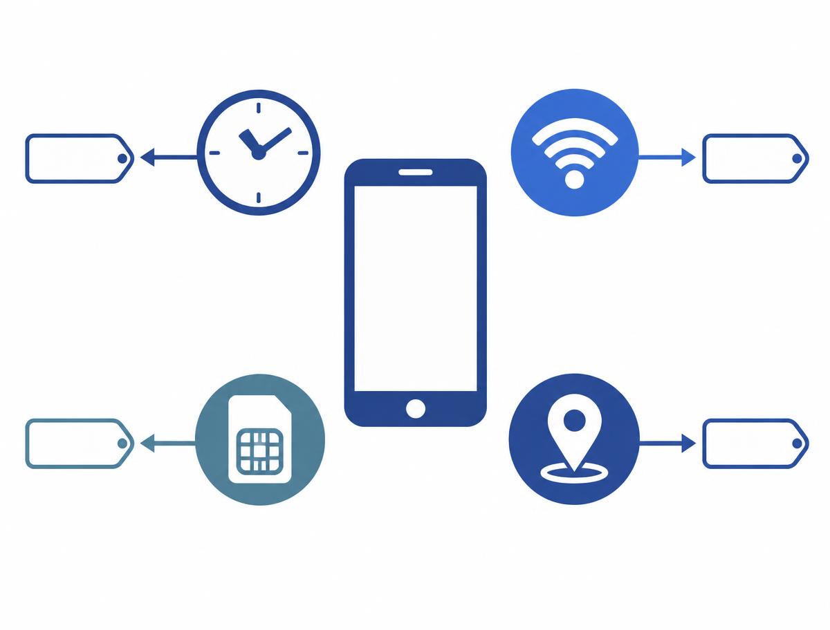 Diagram: a phone surrounded by four event icons (clock, Wi-Fi, SIM card, map pin), each pointing to a policy tag.