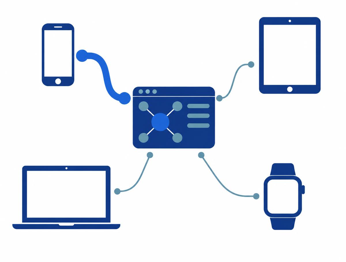 Diagram: a central console connected to a phone, tablet, laptop and smartwatch; the Galaxy phone's link drawn thicker.