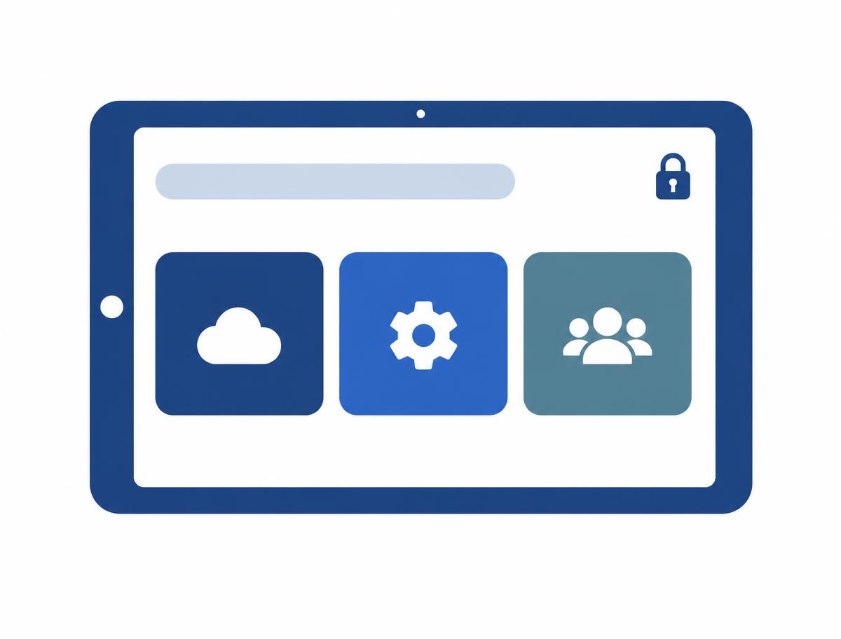 Diagram: a tablet with app tiles in a grid, a space for a custom logo at the top and a padlock icon in the corner.
