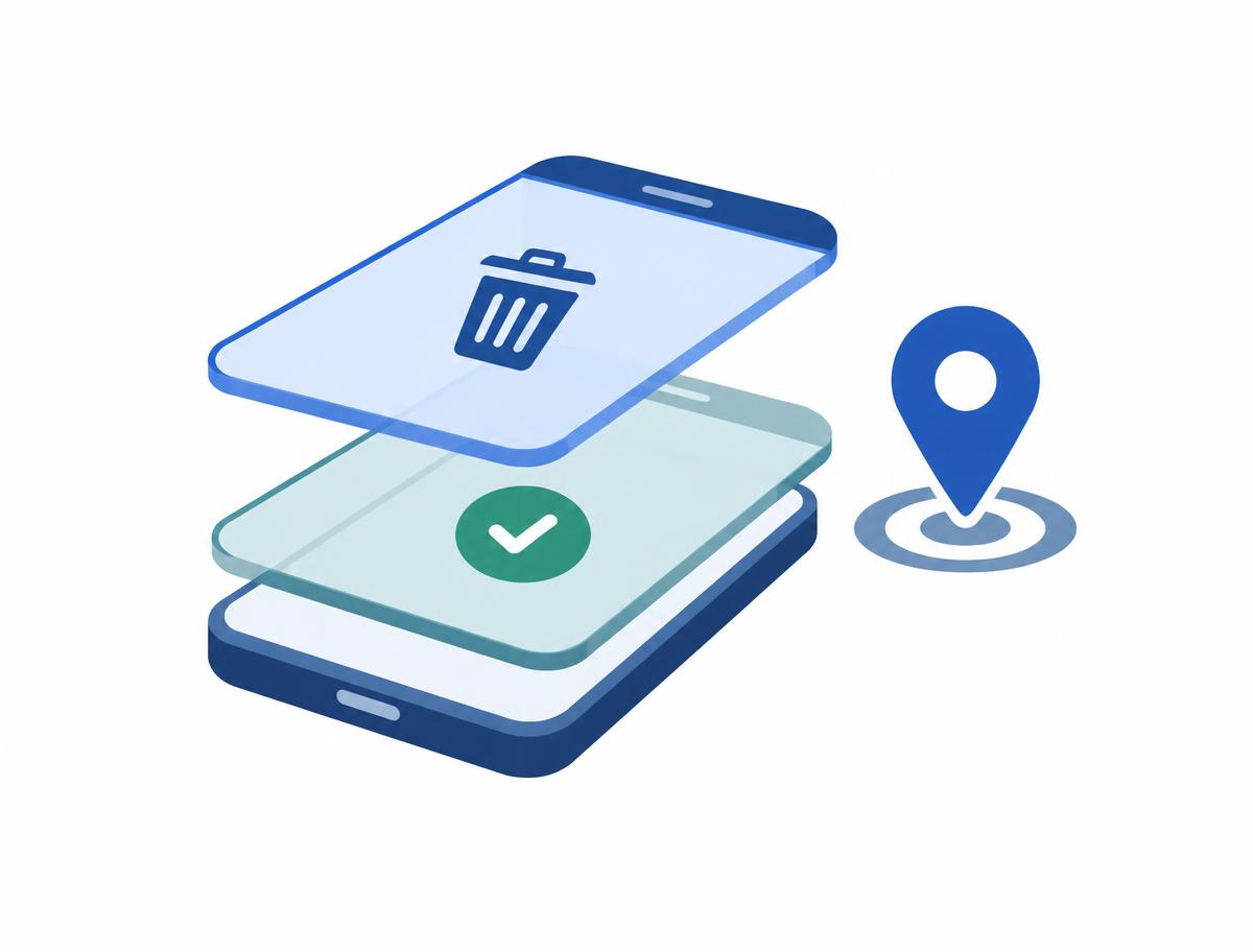 Diagram: a phone split into two layers – an erase icon on the work layer, a check mark on the personal layer – next to a map pin.