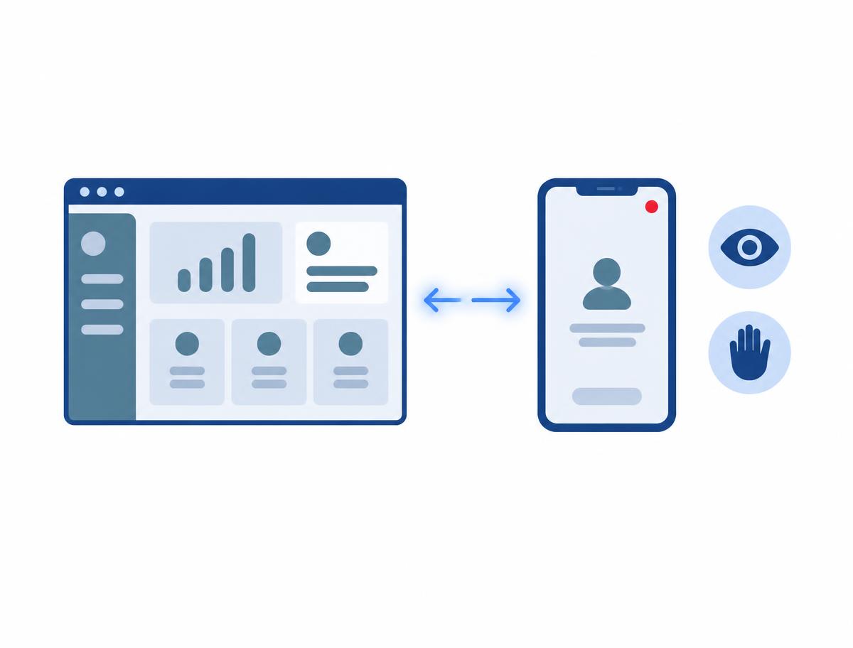 Diagram: two-way connection between a management console and a phone, the phone showing a live-session indicator, with an eye (view) and a hand (control) icon.